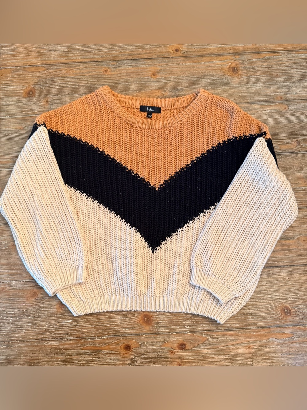 Lulu's Chevron Colorblock Knit Sweater - Camel, Black, Cream